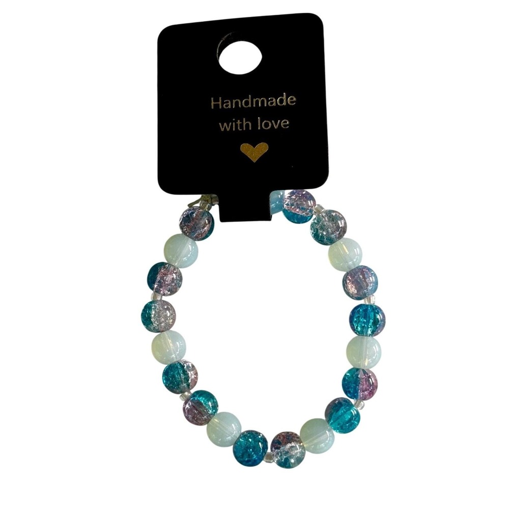 Handmade Beaded Bracelet Blue Purple Iridescent Stretch Jewelry‎
